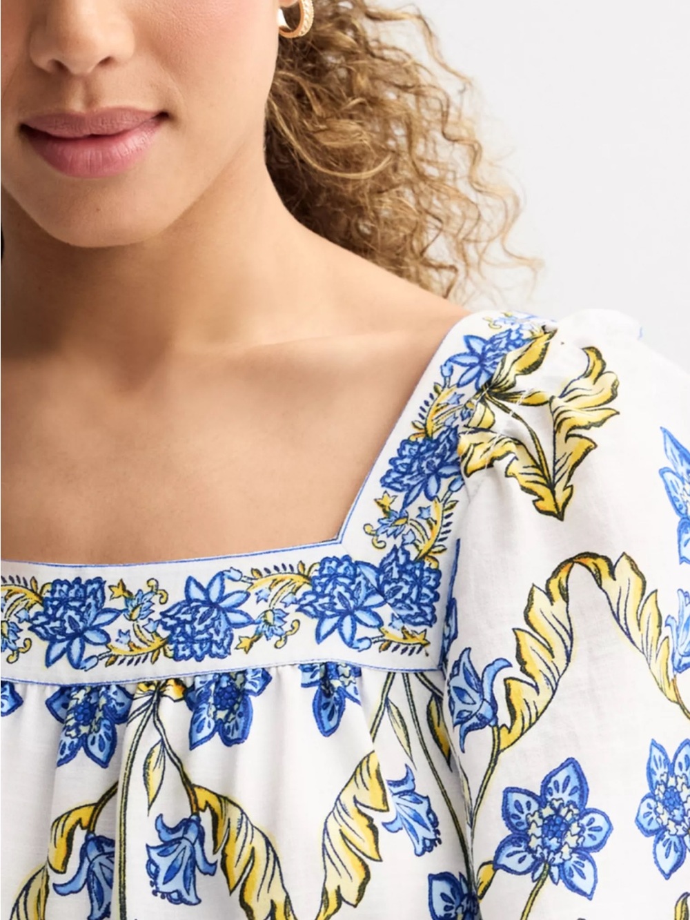 Women’s White Floral Square-Neck dress with Blue & Yellow Print